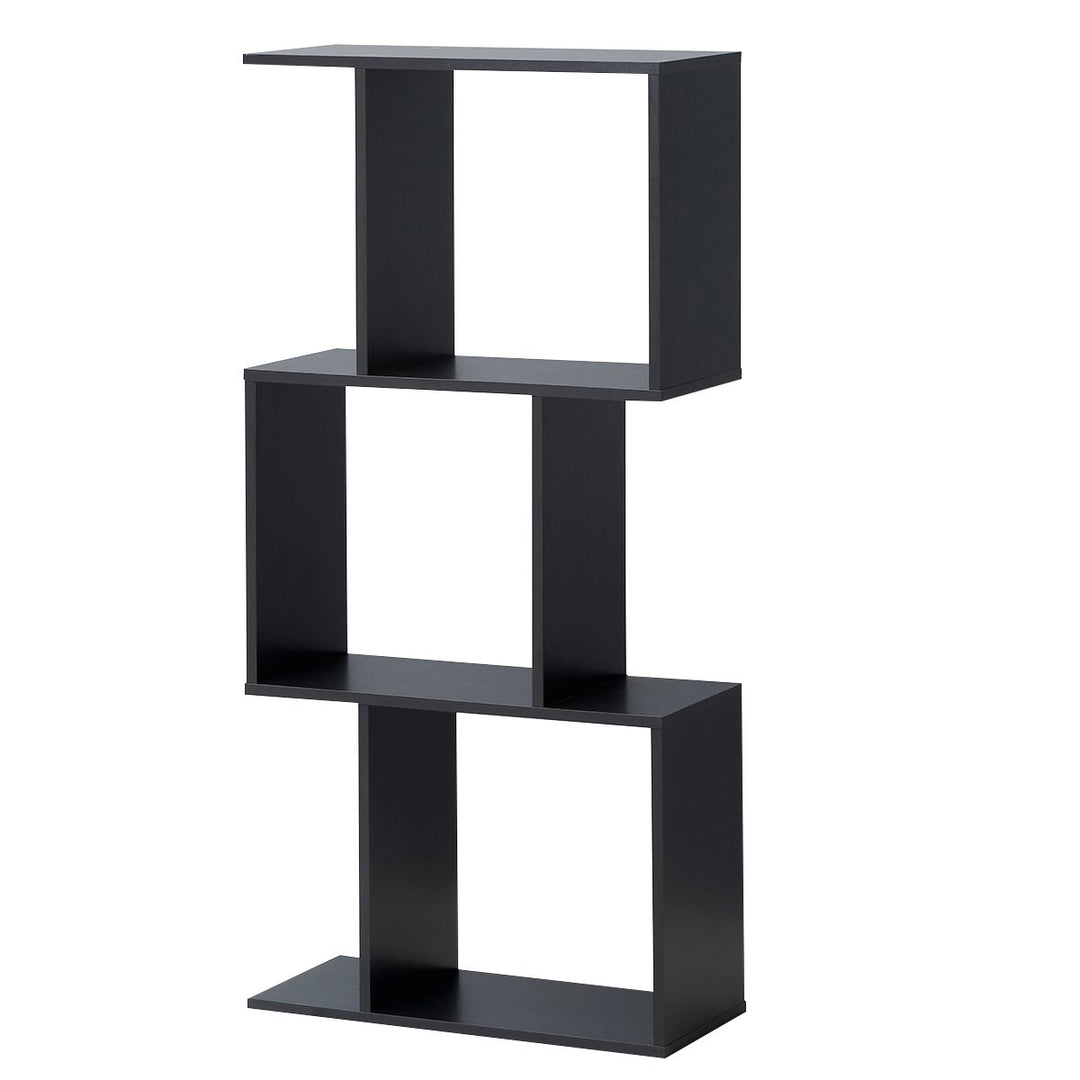 2/3/4-tier S-Shaped Bookcase Free Standing Storage Rack Wooden Display Decor Black Image 1