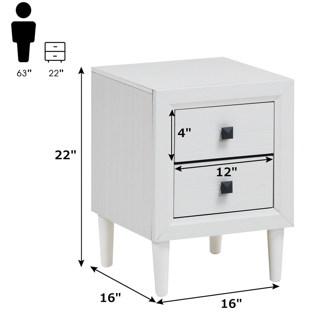 2 PCs Nightstand End Table Wooden Leg With Storage Drawers White Image 2