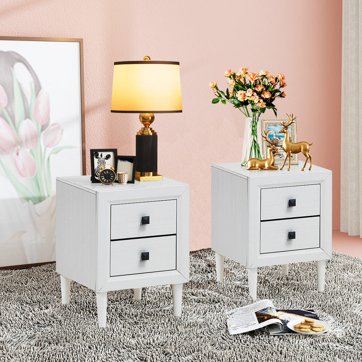 2 PCs Nightstand End Table Wooden Leg With Storage Drawers White Image 3