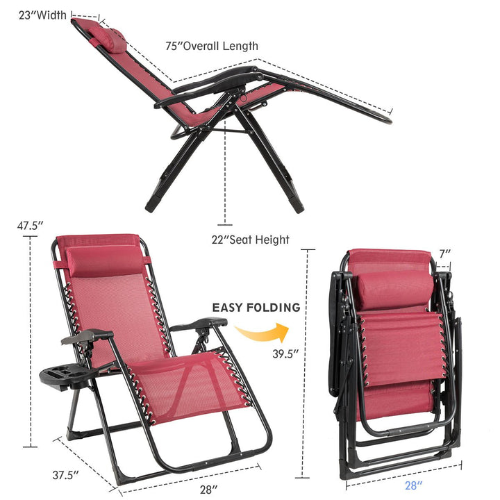 2PC Zero Gravity Chair Oversize Lounge Patio Heavy Duty Folding Recliner Red Image 7