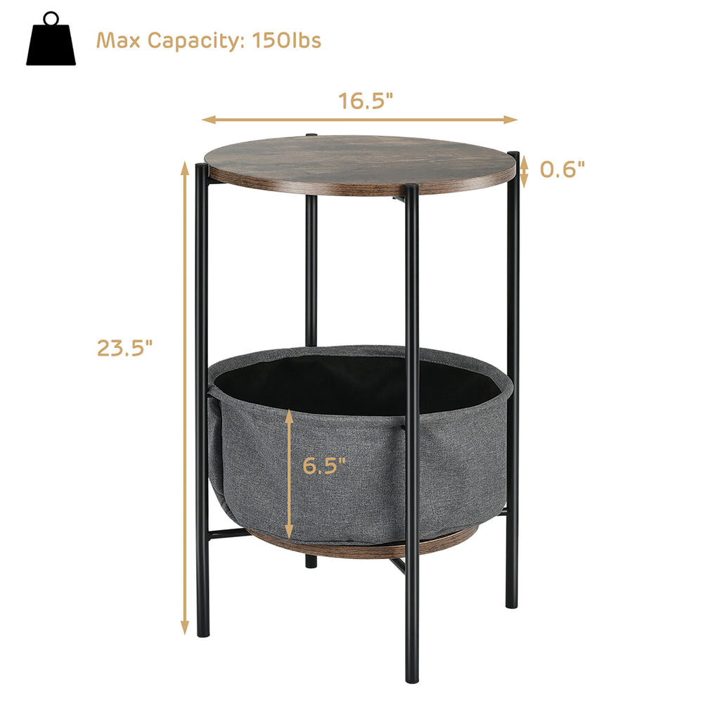 Industrial Round End Side Table Sofa Coffee Table w/ Storage BasketandMetal Frame Image 2