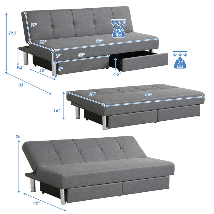 Convertible Futon Sofa Bed Adjustable Couch Sleeper w/ Two Drawers Grey Image 2