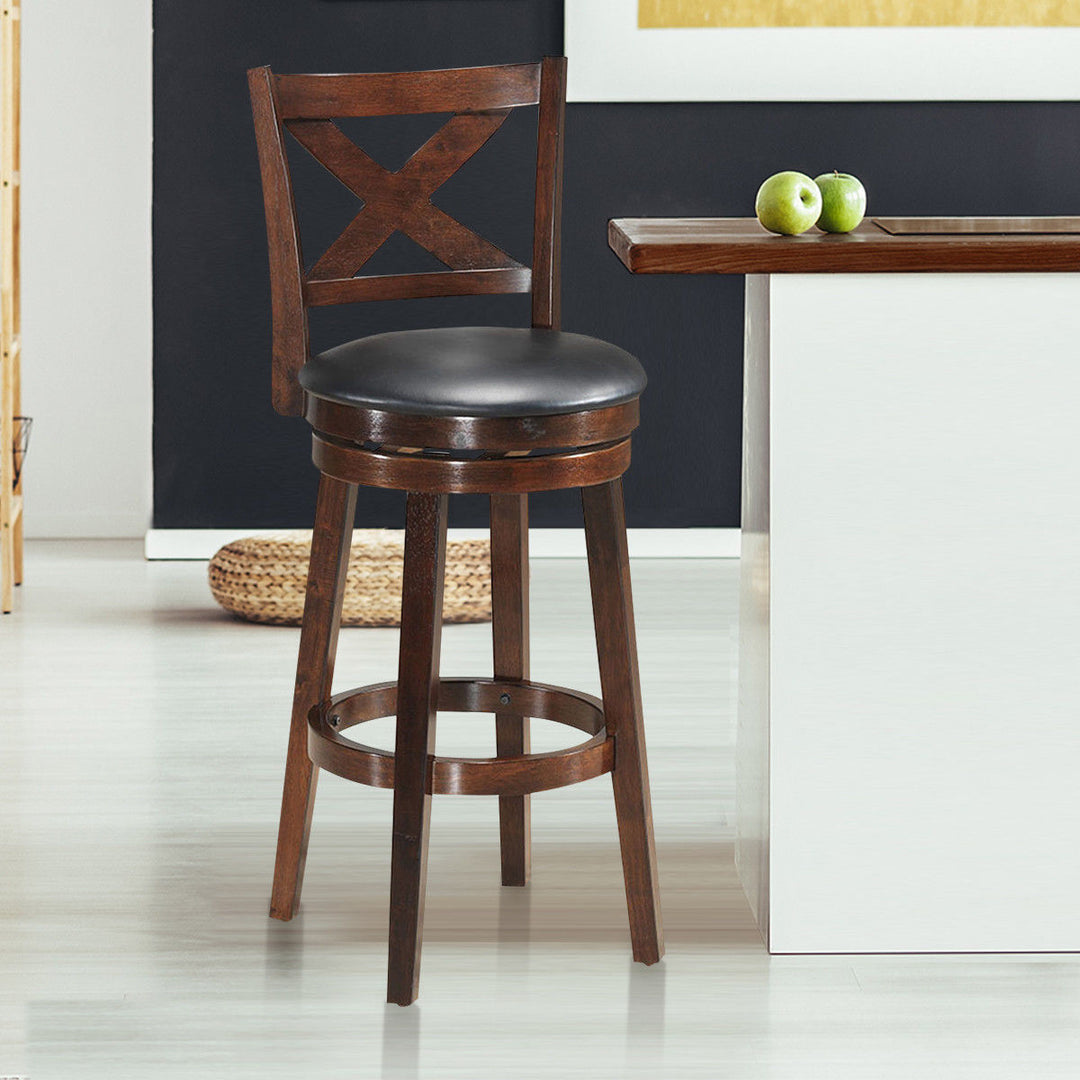 Swivel Stool 29 Bar Height X-Back Upholstered Dining Chair Rubber Wood Kitchen Espresso Image 3