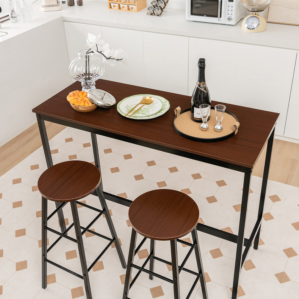 3-Piece Bar Table Set Pub Kitchen Dining Table w/ 2 Round Stools Black and Brown Image 2