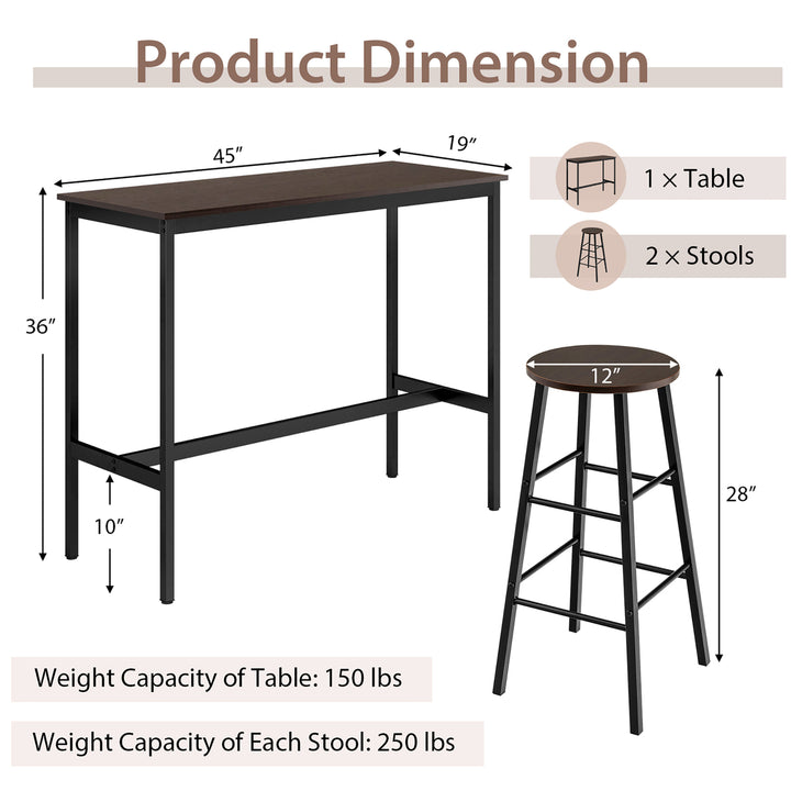 3-Piece Bar Table Set Pub Kitchen Dining Table w/ 2 Round Stools Black and Brown Image 3