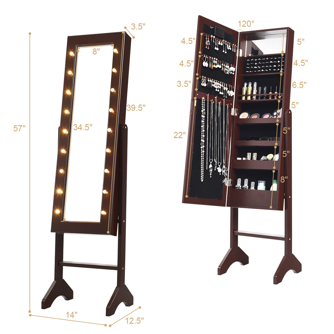 Mirrored Jewelry Cabinet Organizer 18 LED lights Brown Image 2