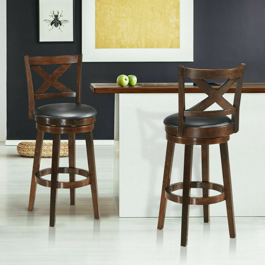 Set of 2 Swivel Stool 29 Bar Height X-Back Upholstered Dining Chair Rubber Wood Espresso Image 3