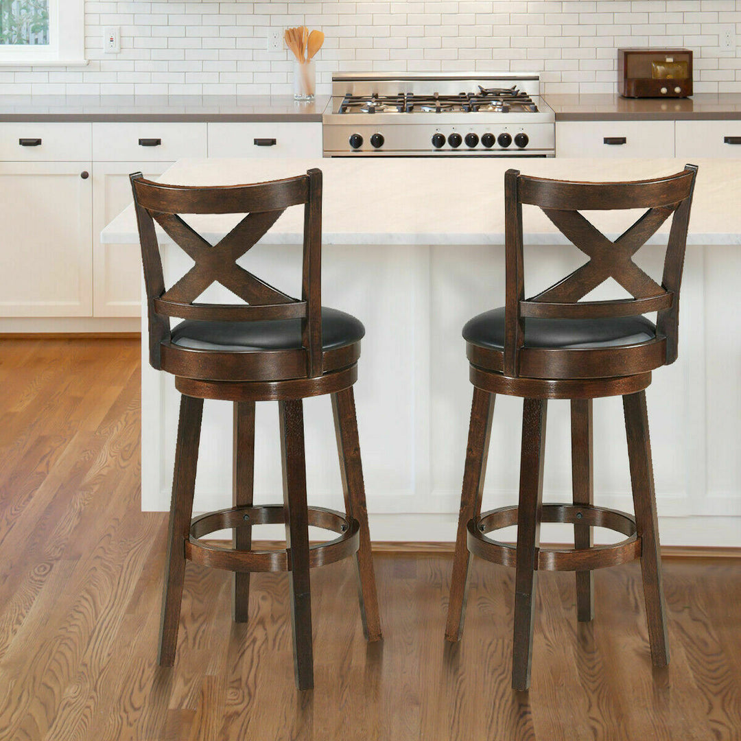 Set of 2 Swivel Stool 29 Bar Height X-Back Upholstered Dining Chair Rubber Wood Espresso Image 4