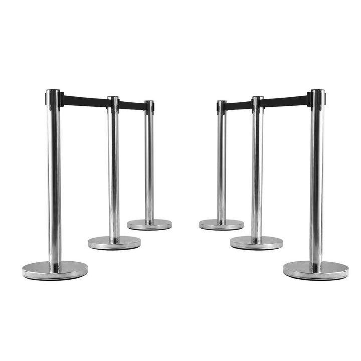 6Pcs Stanchion Posts Queue Pole Retractable Black Belt Crowd Control Barrier Image 3