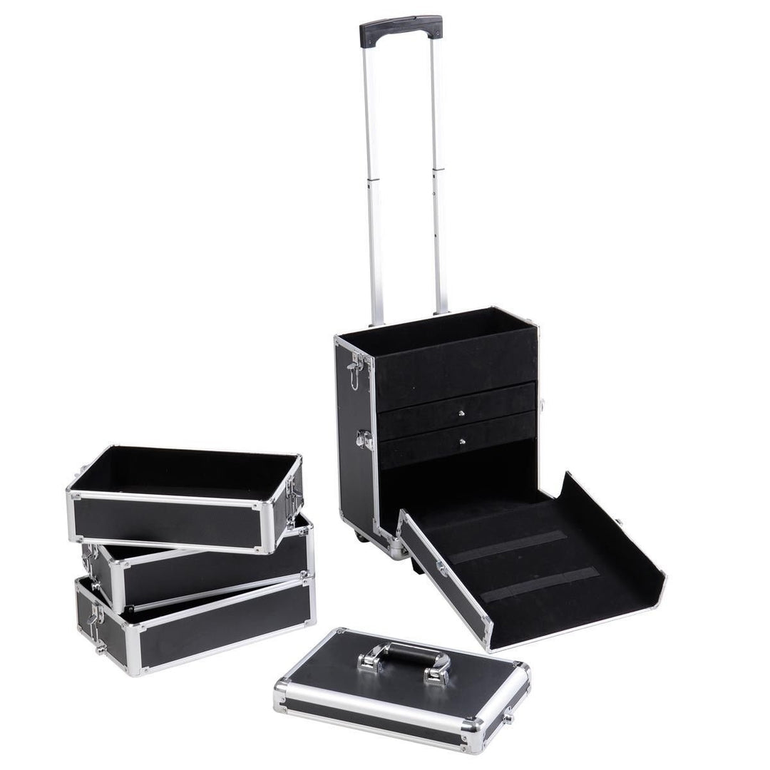 4in1 Interchangeable Pro Aluminum Rolling Makeup Case Cosmetic Train Box Trolley (Black Diamond) Image 4