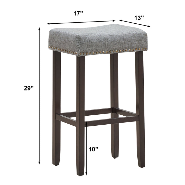 Set of 4 Nailhead Saddle Bar Stools 29 Height w/ Fabric Seat and Wood Legs Gray Image 3