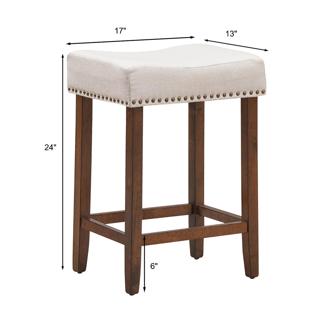 Set of 4 Nailhead Saddle Bar Stools 24 Height w/ Fabric Seat and Wood Legs Beige Image 3