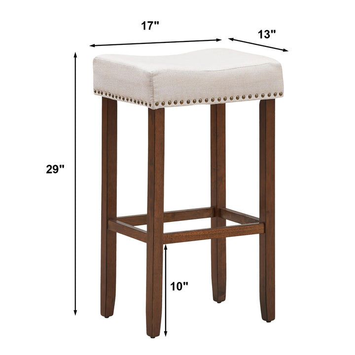 Set of 4 Nailhead Saddle Bar Stools 29 Height w/ Fabric Seat andWood Legs Beige Image 3