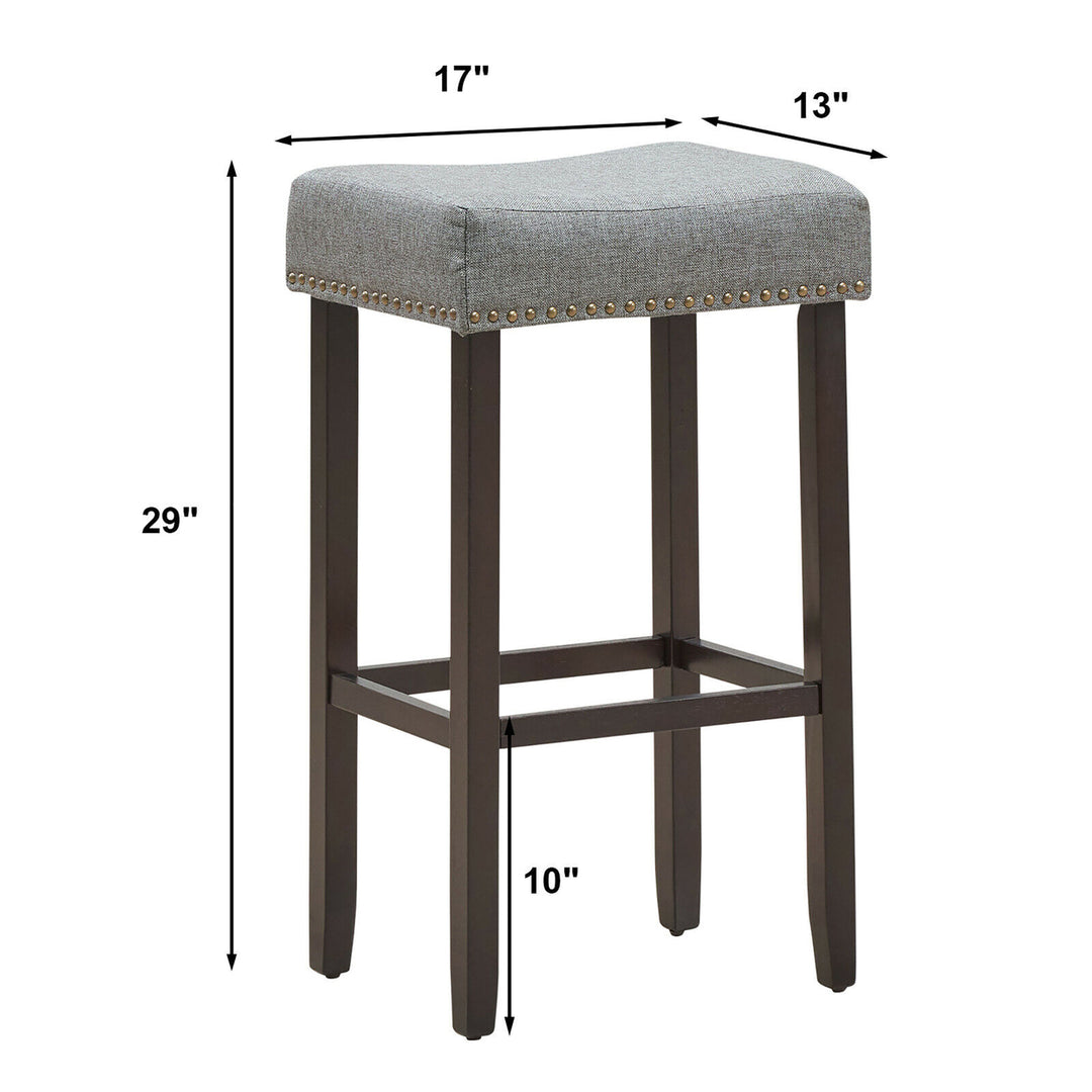 Set of 2 Nailhead Saddle Bar Stools 29" Height w/ Fabric Seat and Wood Legs Gray Image 3