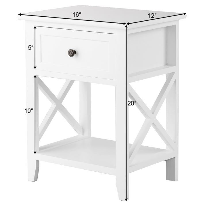 2PCS Nightstand Chair Side End Table with Drawer and Shelf Bedroom Furniture White Image 2