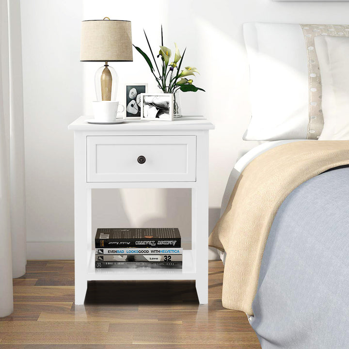 2PCS Nightstand Chair Side End Table with Drawer and Shelf Bedroom Furniture White Image 3