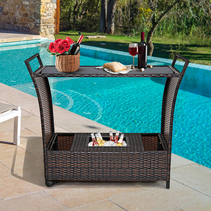 Patio Rolling Rattan Kitchen Trolley Cart Dining Aluminum Frame With Storage Box Image 5