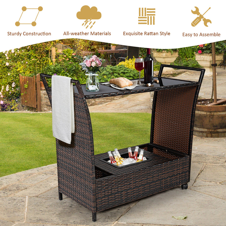 Patio Rolling Rattan Kitchen Trolley Cart Dining Aluminum Frame With Storage Box Image 7