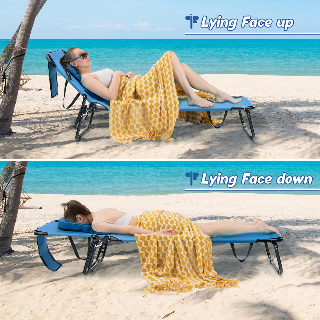 5-Position Lounge Chair Adjustable Beach Chaise w/ Face Cavity and Pillows Image 2