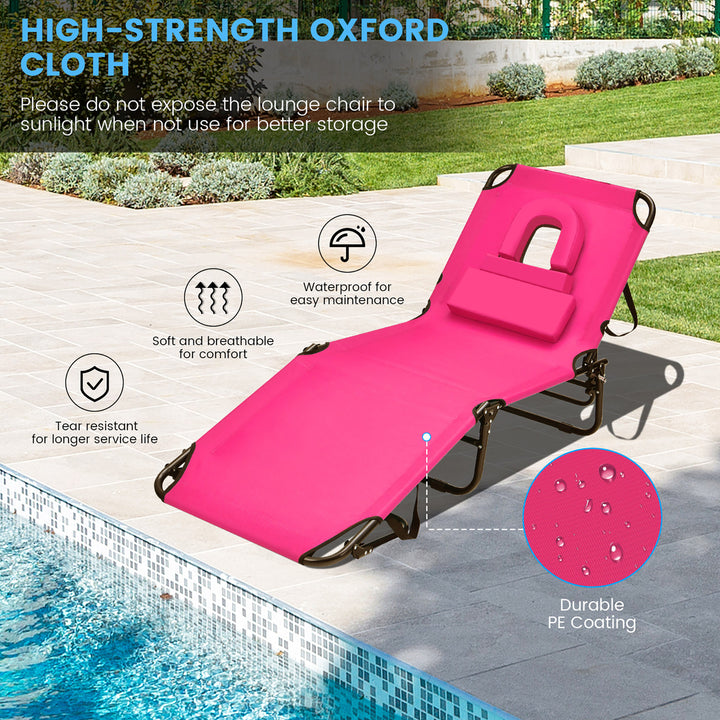 5-Position Lounge Chair Adjustable Beach Chaise w/ Face Cavity and Pillows Image 4