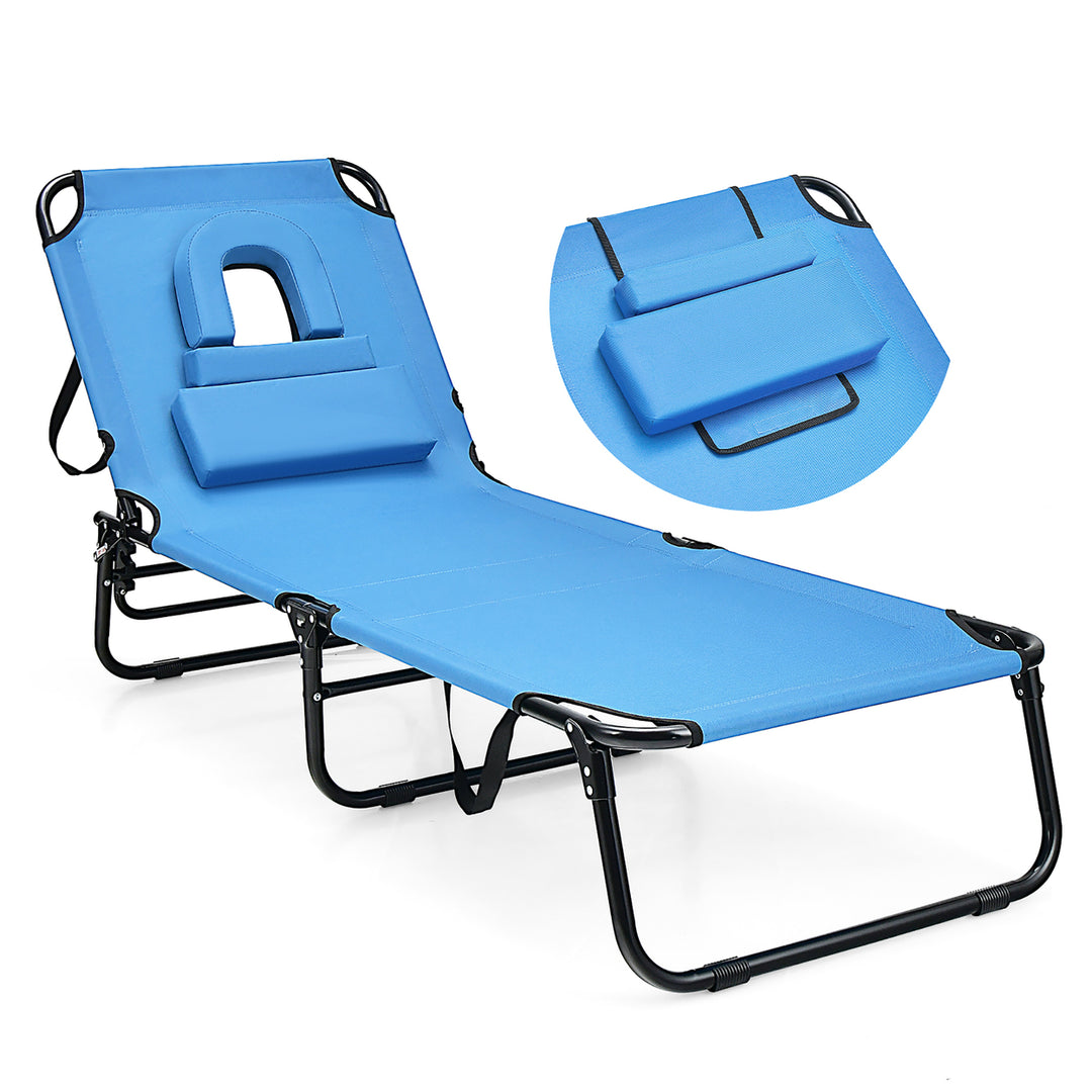 5-Position Lounge Chair Adjustable Beach Chaise w/ Face Cavity and Pillows Image 5