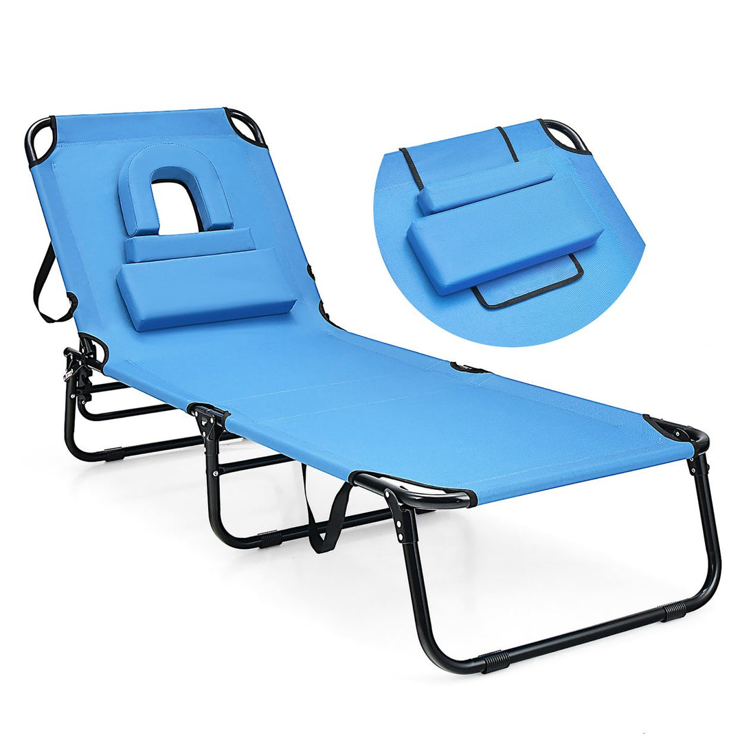 5-Position Lounge Chair Adjustable Beach Chaise w/ Face Cavity and Pillows Image 1