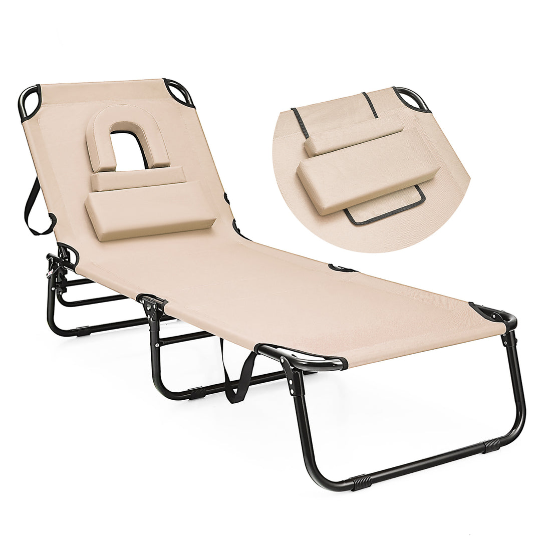 5-Position Lounge Chair Adjustable Beach Chaise w/ Face Cavity and Pillows Image 6