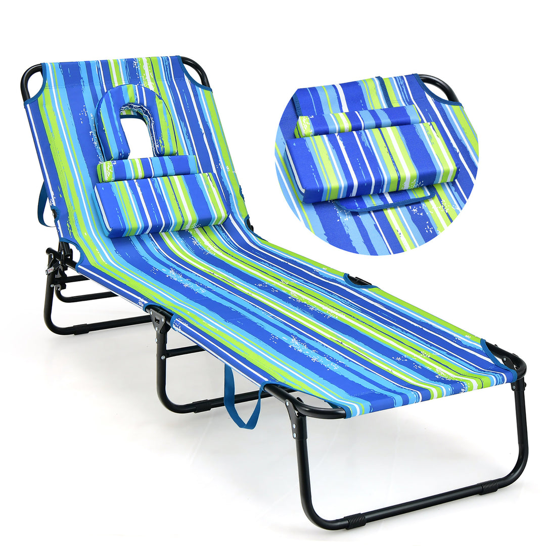 5-Position Lounge Chair Adjustable Beach Chaise w/ Face Cavity and Pillows Image 7