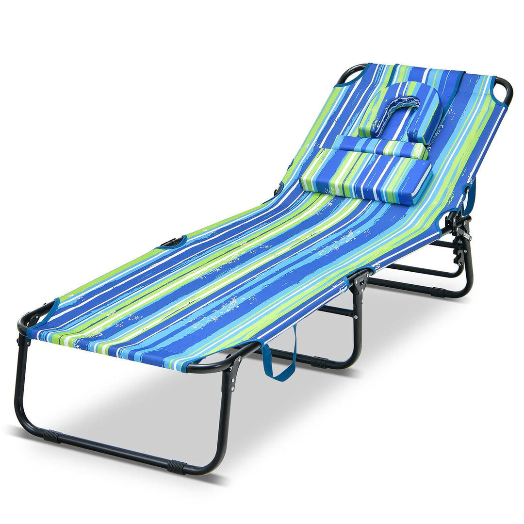 5-Position Lounge Chair Adjustable Beach Chaise w/ Face Cavity and Pillows Image 1