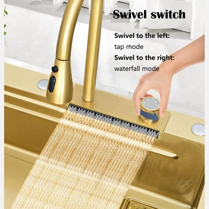 Flying Rain Waterfall Kitchen Sink Stainless Steel Gold 29.5 Inch 4 Modes Image 2