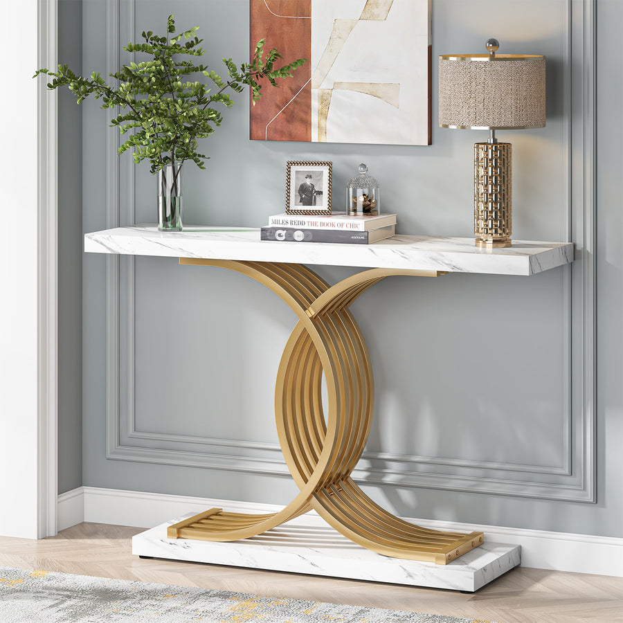 Tribesigns Modern Console Table, Faux Marble Entryway Hallway Table with Geometric Gold Metal Legs, 40-Inch Narrow Wood Image 1