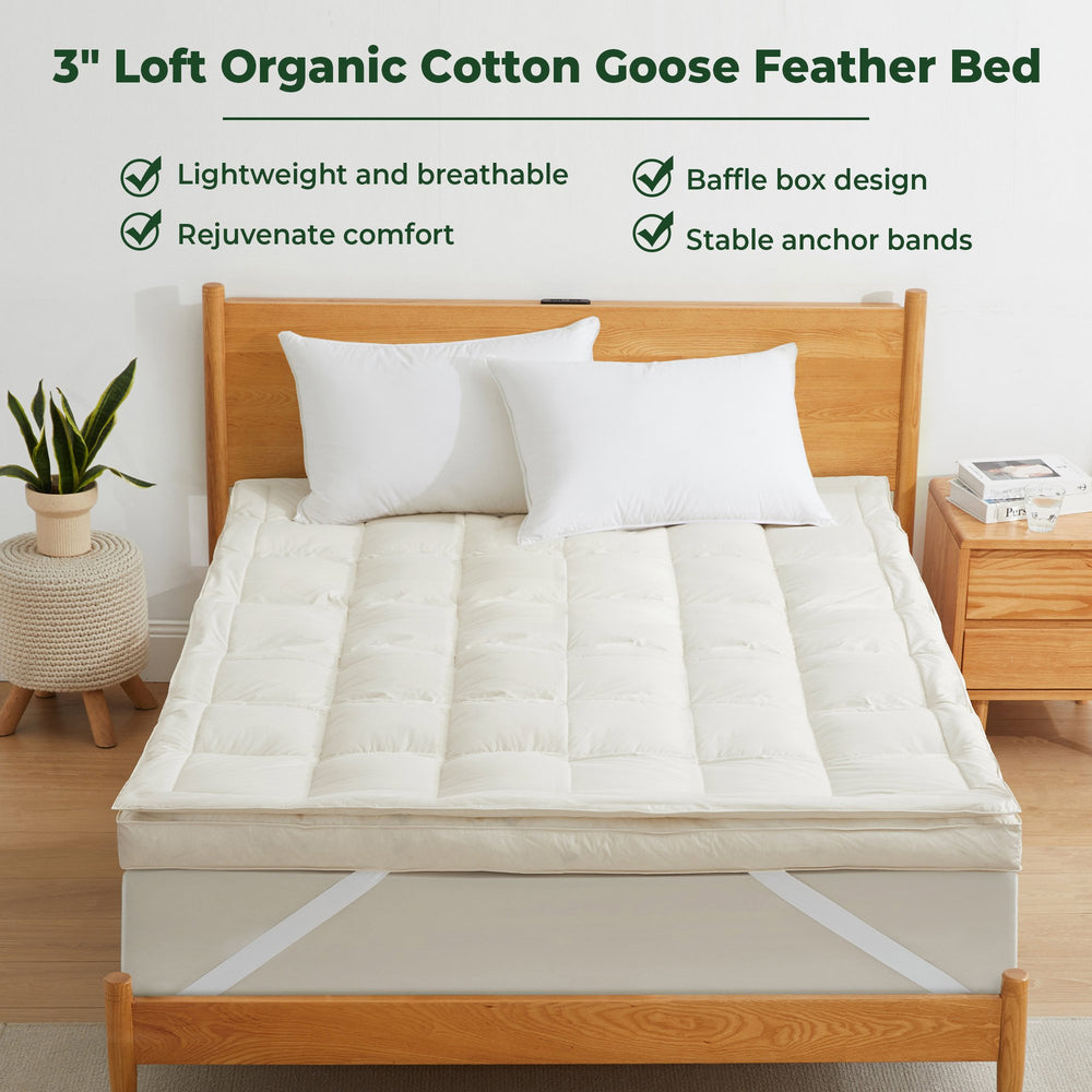 Hotel Collection White Goose Feather Mattress Topper, 3" Soft Feather Bed, 300 TC Organic Cotton Cover, Eco-friendly and Image 2