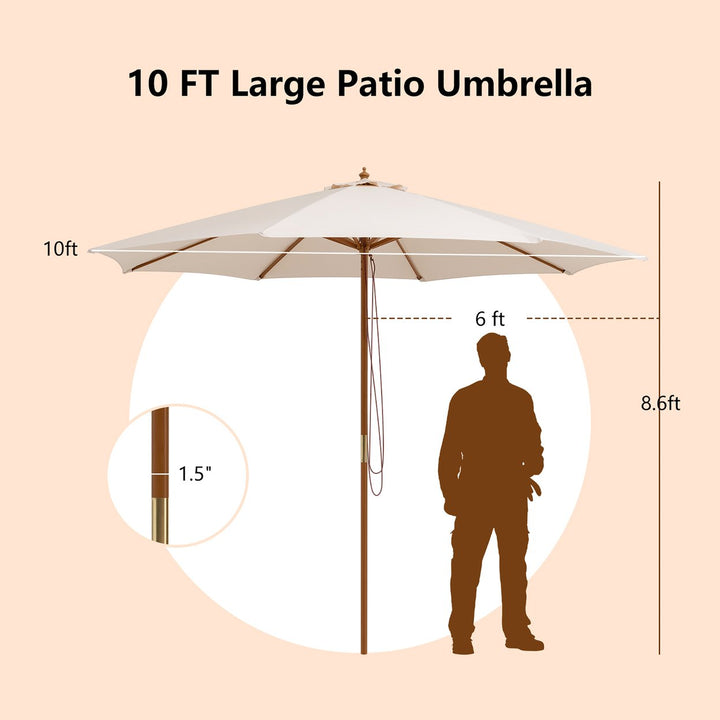 10FT Patio Wooden Market Table Umbrella Pulley w/8 Bamboo Ribs Sunshade Canopy Image 4