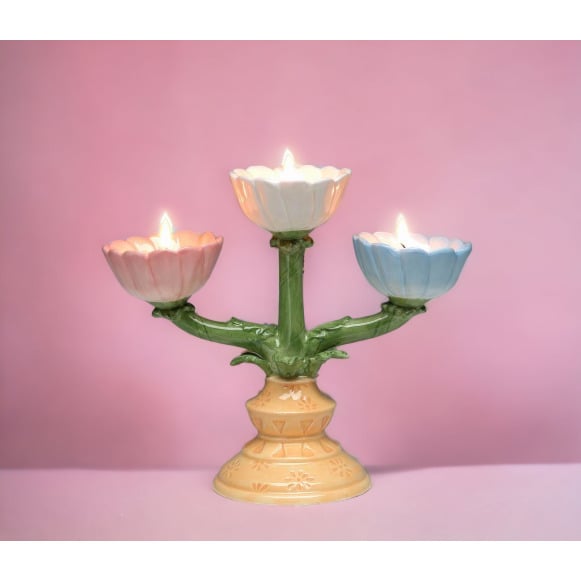 Ceramic Victorian Daisy Flowers Tealight Candelabra 7.75x3.375x6.875 Image 2