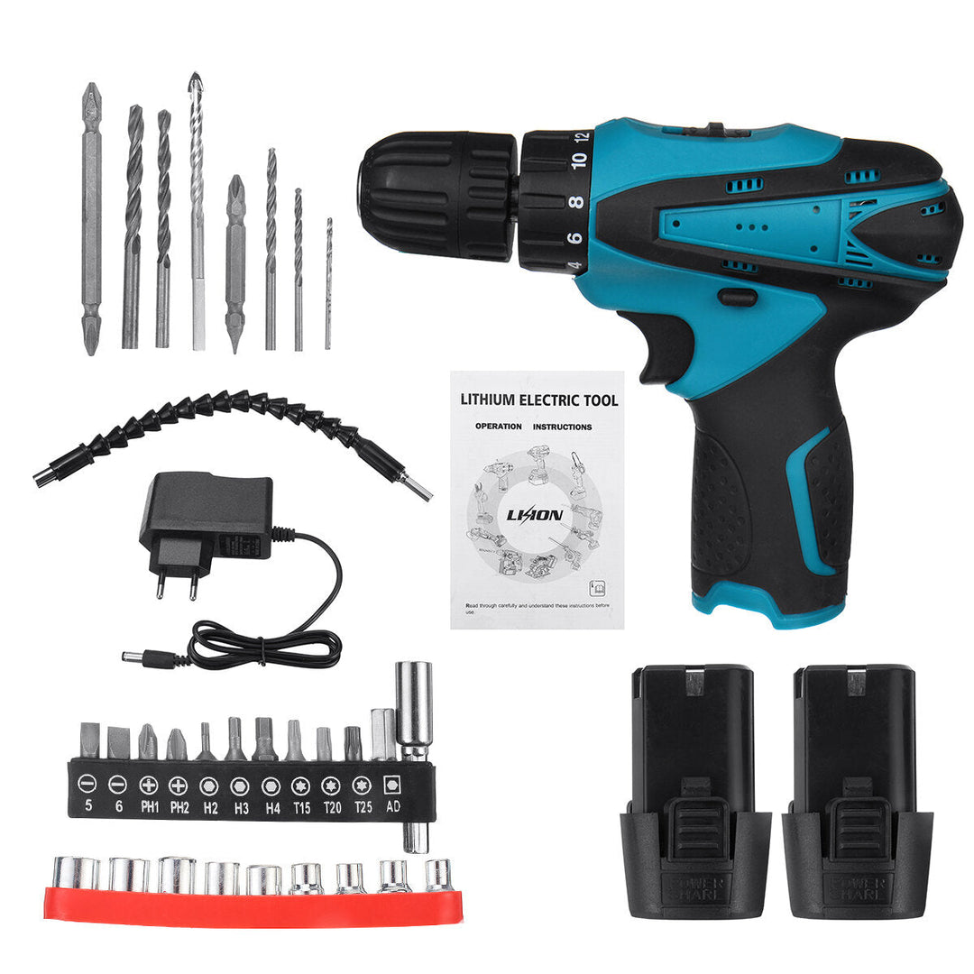 12V Cordless Electric Drill Screwdriver 2 Speeds Impact Drill Driver Set W, 1,2 Battery and Plastic Box Image 9