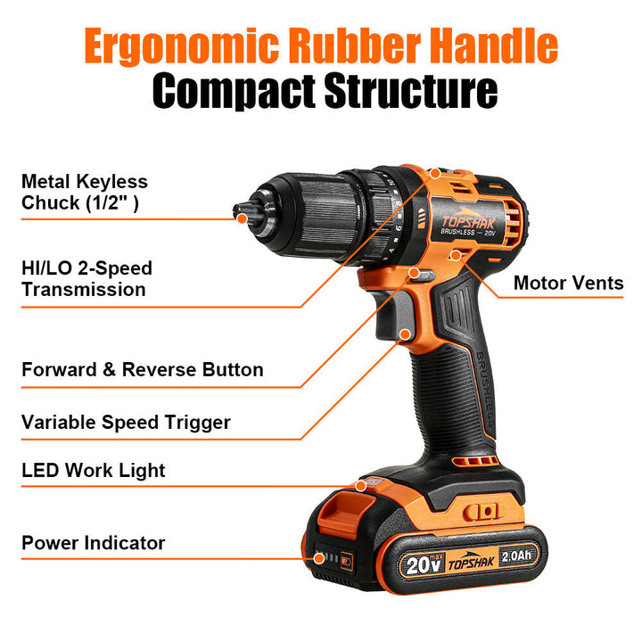 20V 13mm Brushless Electric Drill 45N.m Torque 0-1650RPM Variable Speed 43pcs Accessories Image 6