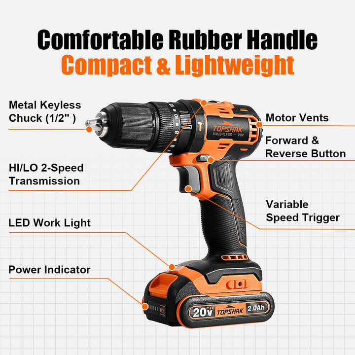 20V 13mm Brushless Impact Electric Drill 45N.m Torque 0-1650RPM Variable Speed Image 6