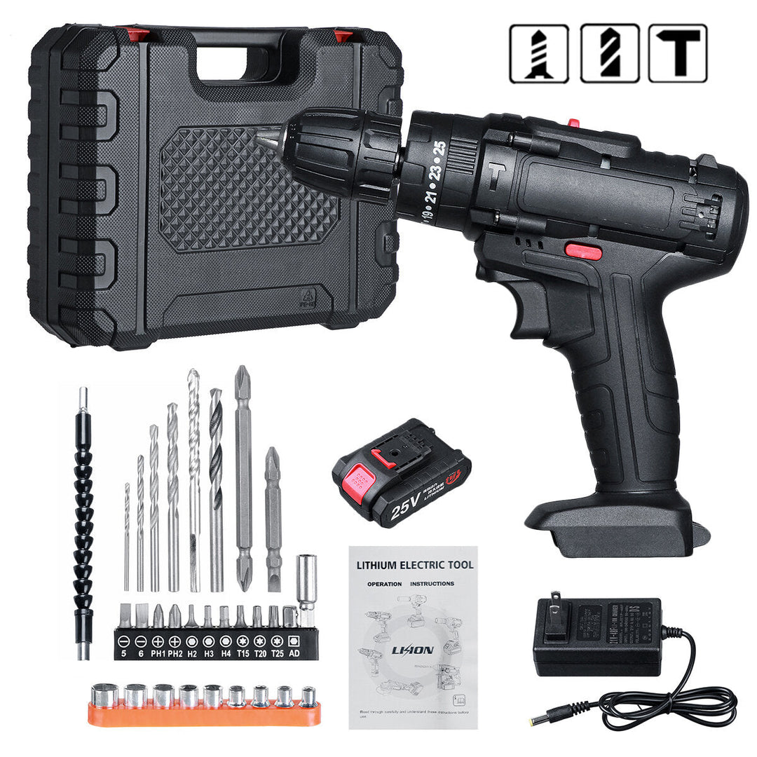 25V Cordless Electric Drill Bits Screwdriver Kit Handheld Power Tool + Battery Image 10