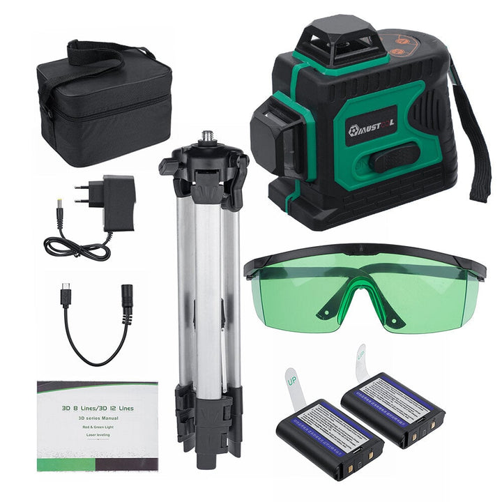 3D Green Auto Laser Level 12 Lines 360 Horizontal and Vertical Cross Build Tool Measuring Tools with 2 Batteries Image 1