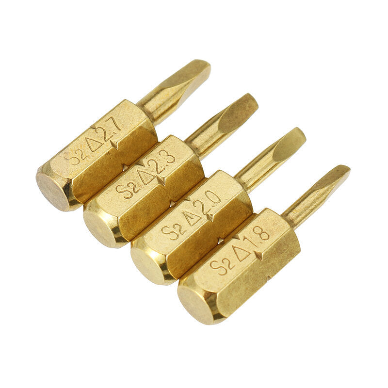 4pcs 25mm 1.8-2.7mm Triangle Shaped Screwdriver Bits 1,4 Inch Hex Shank Electroplating Bronze Image 1