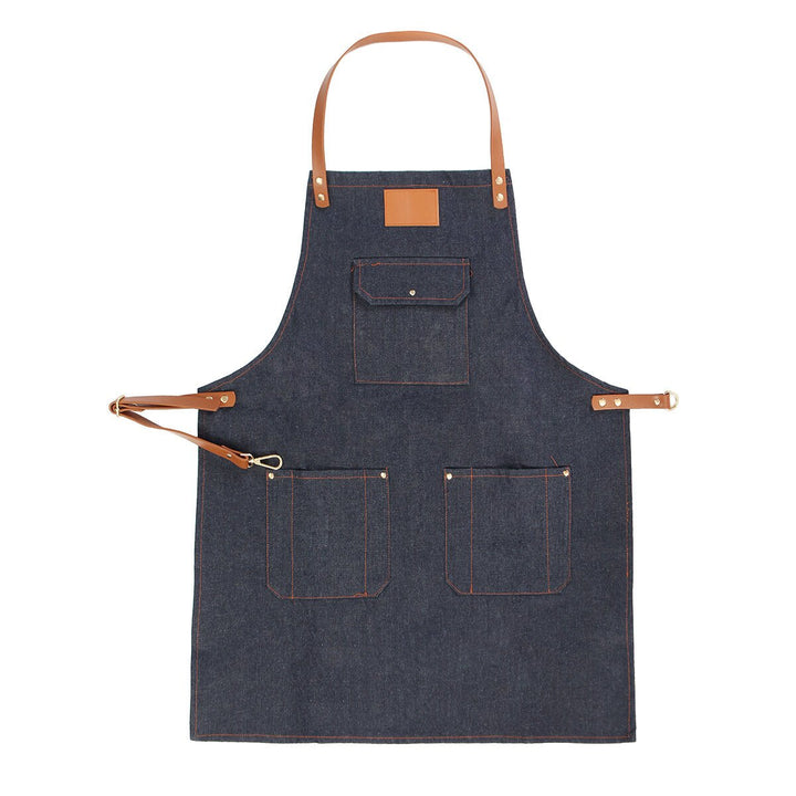 Denim Bib Apron Leather Strap Barista Baker Work Uniform Bartender BBQ Chef Cook Woodworking Apron Image 1