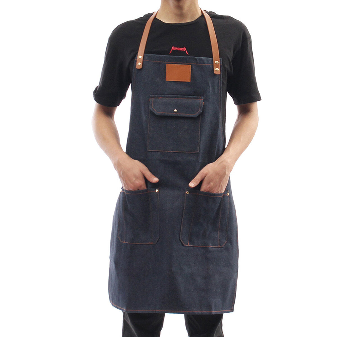 Denim Bib Apron Leather Strap Barista Baker Work Uniform Bartender BBQ Chef Cook Woodworking Apron Image 5