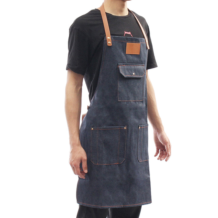 Denim Bib Apron Leather Strap Barista Baker Work Uniform Bartender BBQ Chef Cook Woodworking Apron Image 6