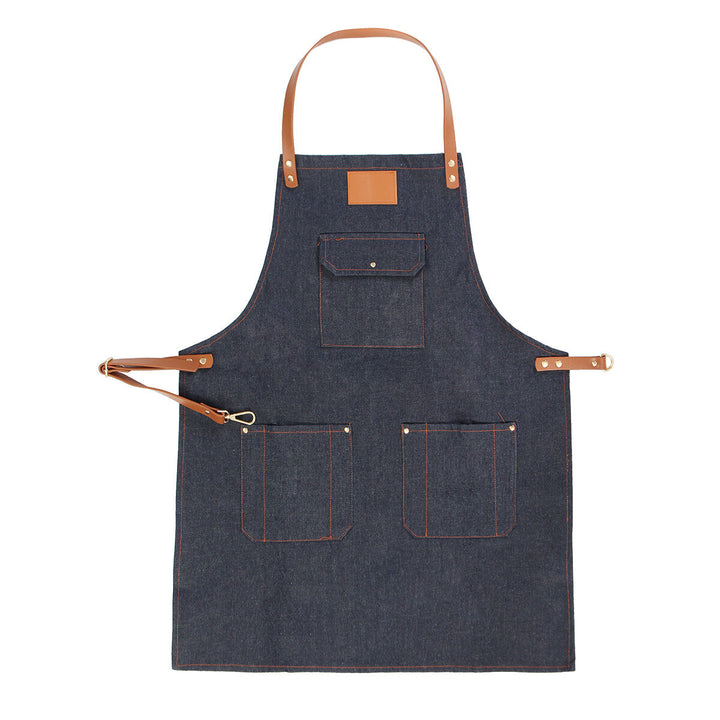 Denim Bib Apron Leather Strap Barista Baker Work Uniform Bartender BBQ Chef Cook Woodworking Apron Image 11