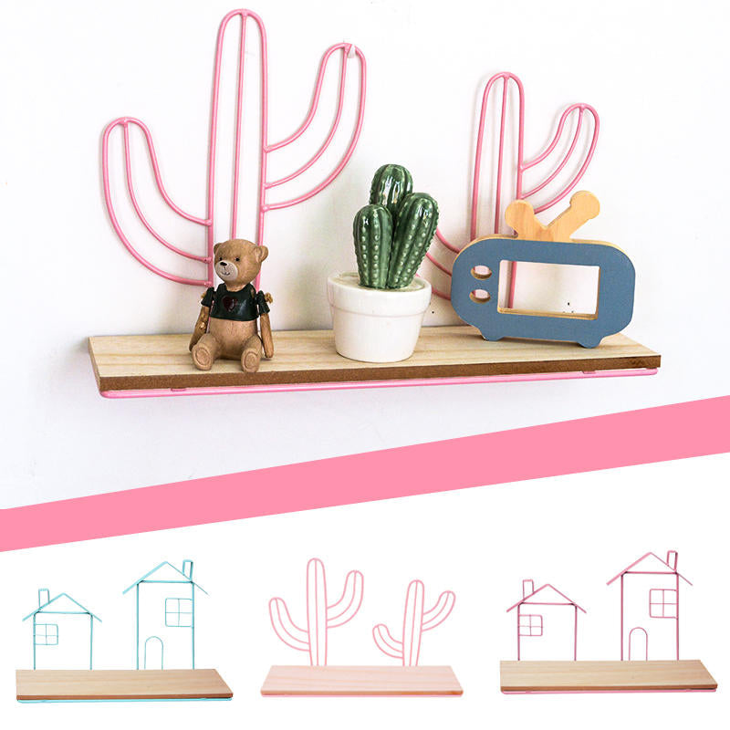 Mount Hanging Storage Shelf Rack Iron Cactus House Wood Board Wall Shelf Room Decor Image 1