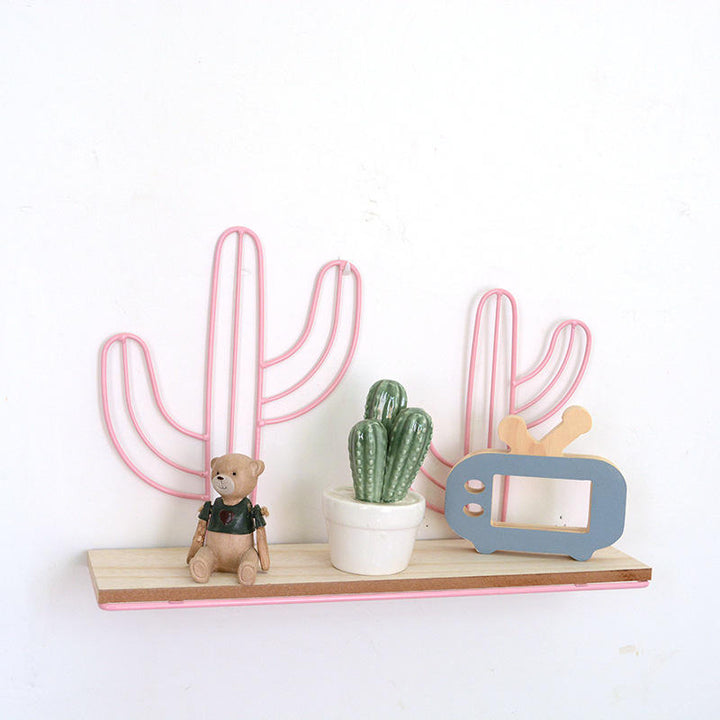 Mount Hanging Storage Shelf Rack Iron Cactus House Wood Board Wall Shelf Room Decor Image 2