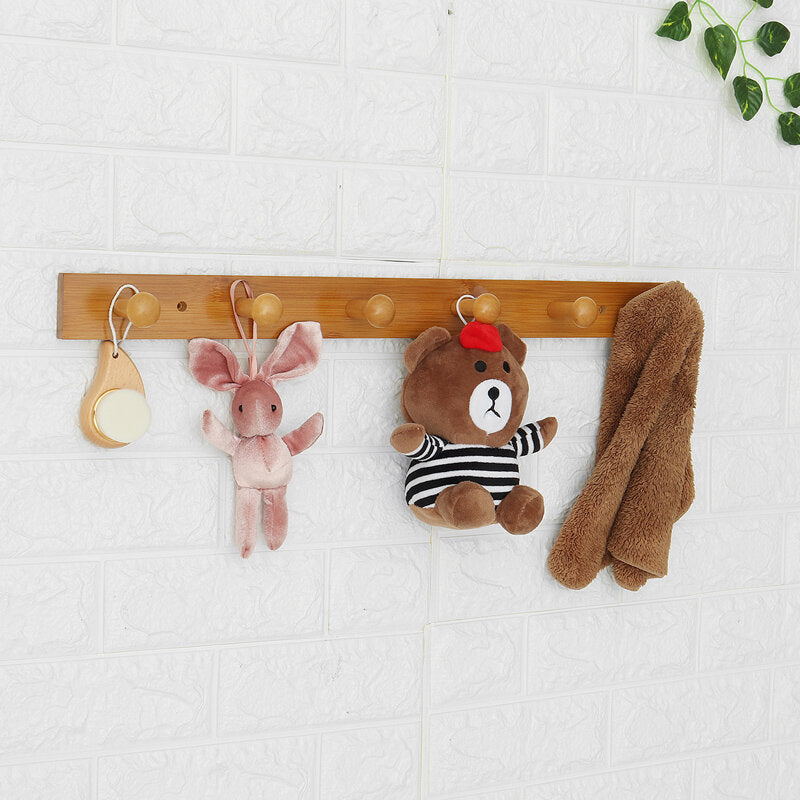 Wall-mounted Clothes Hook Natural Bamboo Coat Hanger Home Key Bag Storage Shelf Image 5