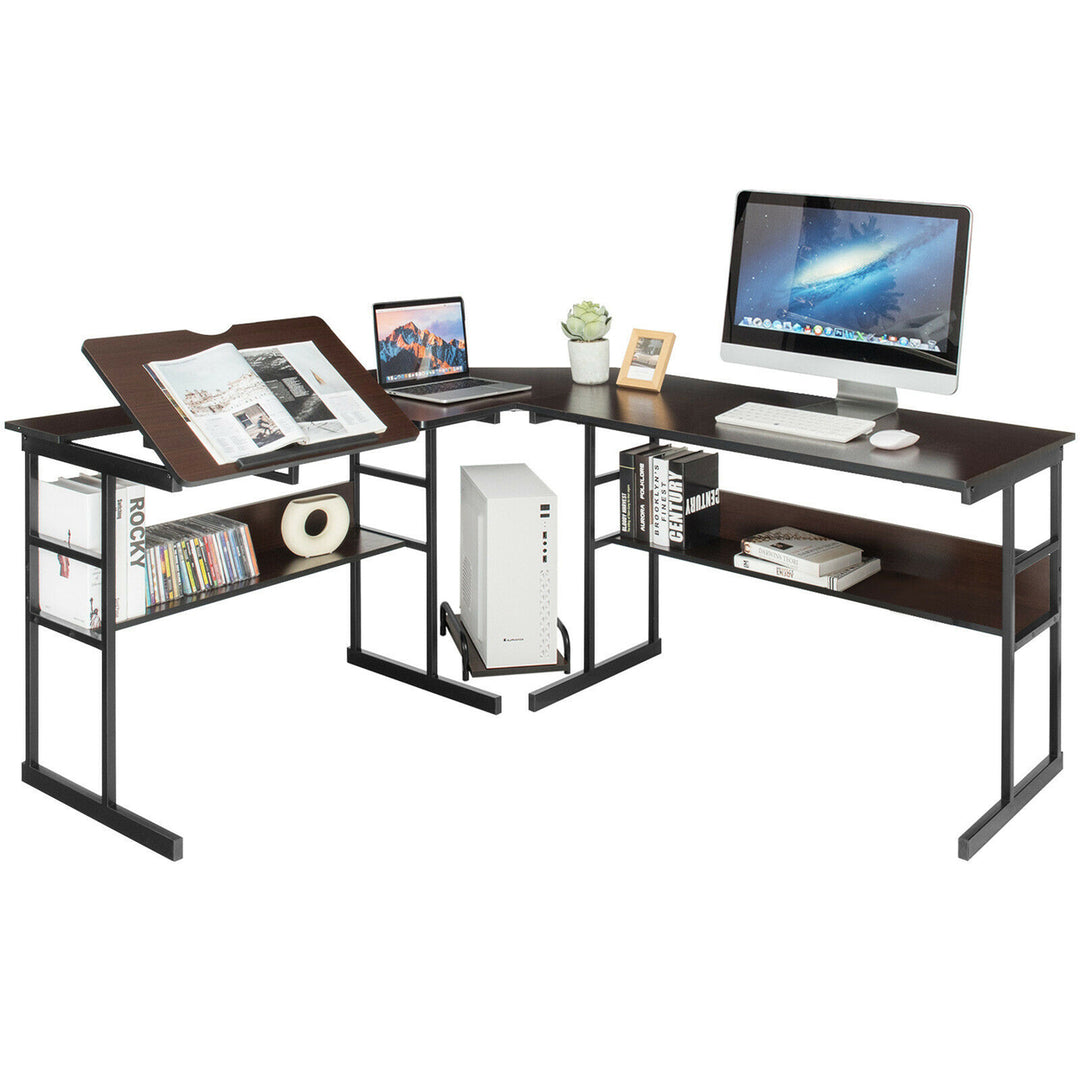 L-Shaped Computer Desk Drafting Table Workstation w/ Tiltable Tabletop Image 7