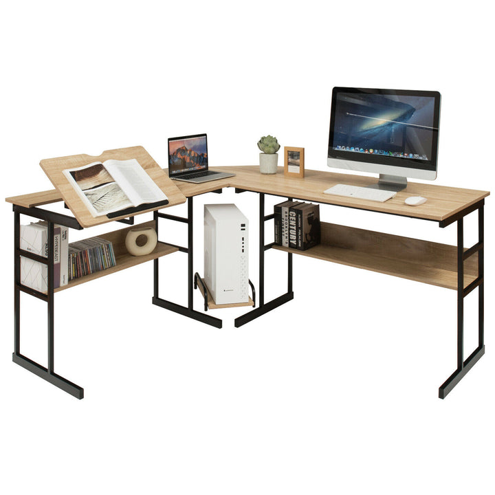 L-Shaped Computer Desk Drafting Table Workstation w/ Tiltable Tabletop Image 8