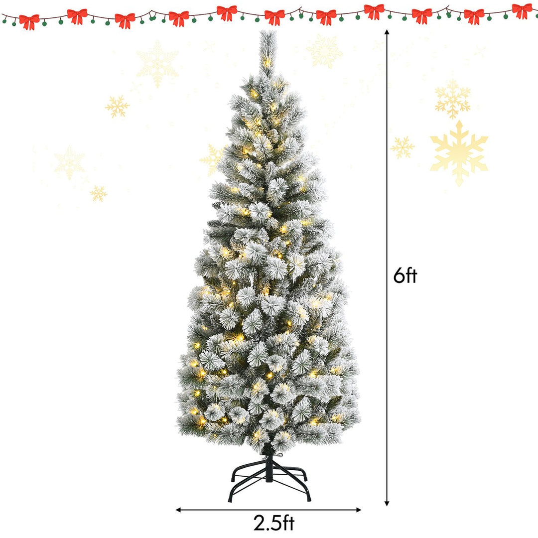 6FT Pre-Lit Hinged Christmas Tree Snow Flocked w/9 Modes Remote Control Lights Image 3